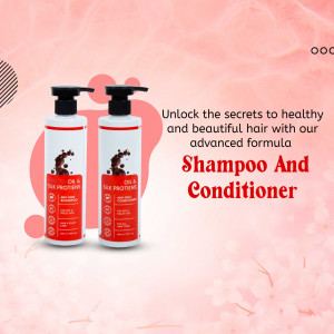 Bottles of Oil and Silk Proteins Shampoo and Conditioner on a pink background