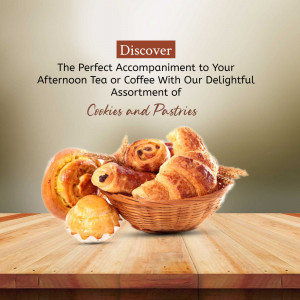 A basket filled with various pastries and cookies on a wooden table with a promotional text overlay