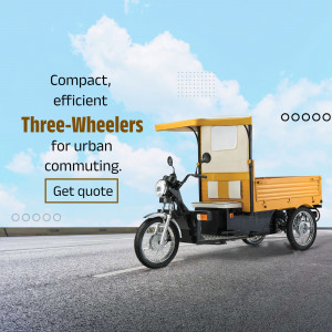 A yellow and black commercial three-wheeler vehicle parked on an asphalt road against a blue sky background.