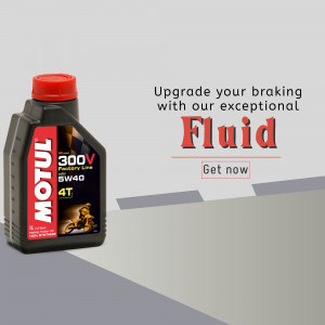 A bottle of Motul 300V 5W40 4T motorcycle engine oil on a grey promotional background