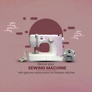A pink and white sewing machine displayed with spare parts on a dusty rose background.