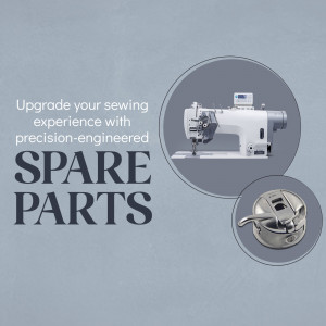 An advertisement for industrial sewing machine spare parts featuring a sewing machine and a bobbin case on a grey background.