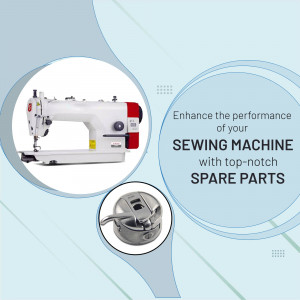 An industrial sewing machine shown alongside a bobbin case with text promoting sewing machine spare parts.
