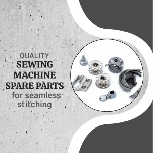 Various metal sewing machine parts including bobbins and a bobbin case arranged on a white background with a textured concrete border