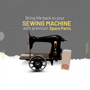 Black vintage sewing machine with spare parts on a grey background