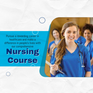 A smiling nursing student holding a folder with classmates in the background for a nursing course promotion