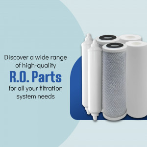 Collection of various RO water filter cartridges on a light blue background