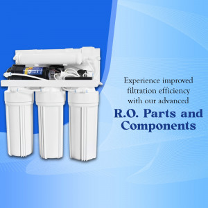 A white three-stage reverse osmosis water filtration system unit set against a gradient blue background with promotional text.