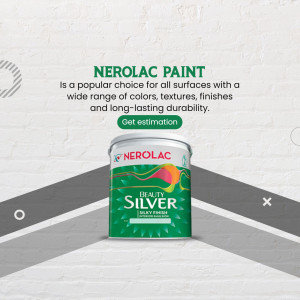 A paint can of Nerolac Beauty Silver interior emulsion paint against a white brick wall background.