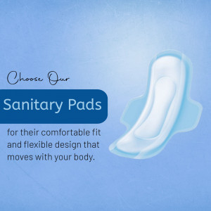 A high-quality sanitary pad displayed on a light blue background with promotional text about comfort and flexibility.