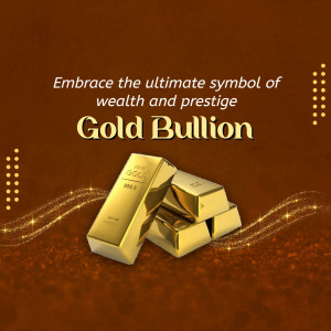 Stack of gold bullion bars on a rich brown background with gold glitter effects and text