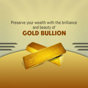 Two shiny gold bullion bars on a gradient golden background with text overlay