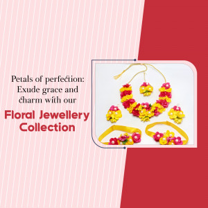 A set of handmade floral jewellery featuring a necklace, earrings, maang tikka, and bracelets with pink and yellow flowers.