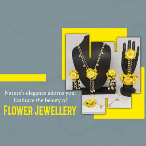 A set of artificial yellow flower jewellery including a necklace, earrings, bracelet, and ring displayed on black mannequins.