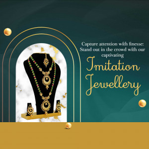 Gold-toned imitation jewellery set on a mannequin with a decorative background