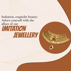 A golden choker necklace with a green flower accent and a dangling ruby drop, showcased on an elegant beige and brown graphic background.