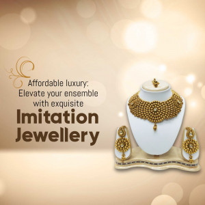 Gold-toned imitation jewellery set consisting of a necklace, earrings, and ring displayed on white stands against a bokeh background.