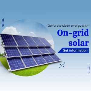 An on-grid solar panel array installed on a field under a clear blue sky