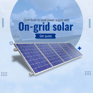 Solar panels installed on a roof against a blue sky with text promoting on-grid solar power supply