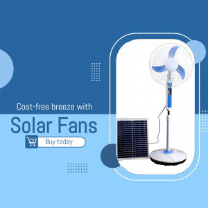 A white solar-powered standing fan with an attached solar panel on a blue graphic background.