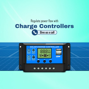 A solar charge controller device featured on a cyan background with promotional text