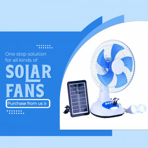 A solar-powered fan with a solar panel and LED light bulbs on a blue background