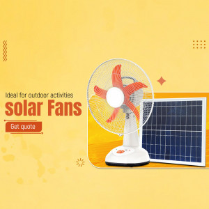 A white and orange electric fan sitting next to a square solar panel on a yellow background.
