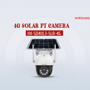 A white Hixecure 4G solar-powered pan-tilt security camera with a solar panel on top, displayed on a light gray background with a digital grid pattern.
