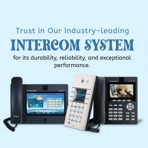 A collection of three professional intercom system devices displayed against a light blue background.