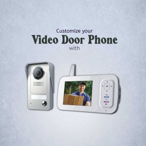 Modern video door phone device with an outdoor unit and indoor monitor displaying a delivery person