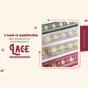 A collection of decorative lace trim in various colors arranged horizontally against a light background with marketing text.