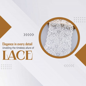 A close-up view of delicate white floral lace fabric displayed in a stylish circular frame on a modern background.