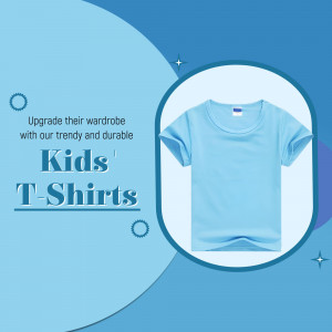 A light blue kids t-shirt displayed on a promotional blue graphic background.