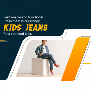 A young boy wearing a denim jacket and jeans sitting on a white box with text overlay advertising trendy kids jeans.