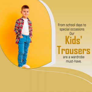 A young boy standing confidently wearing a plaid shirt and blue trousers on a yellow background with promotional text.