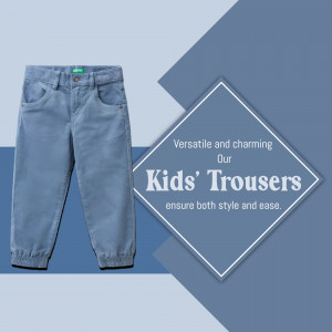 A pair of comfortable blue kids trousers displayed on a stylized geometric background