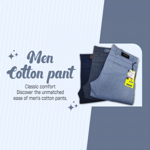 A collection of stylish and comfortable men's cotton pants in navy, grey, and light blue displayed on a light background