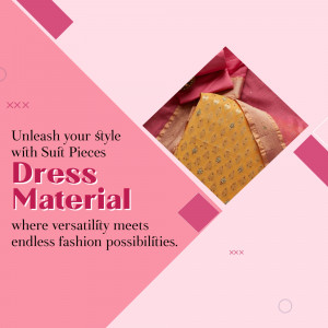 A pink background promotional graphic for elegant unstitched dress material with a gold patterned fabric visible in a diamond-shaped frame.