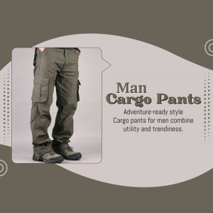 A man wearing olive green cargo pants with multiple pockets, presented in an advertisement layout.