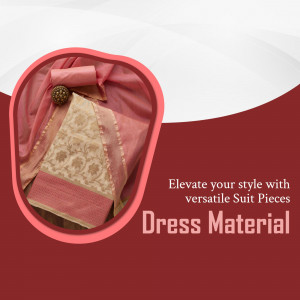 A folded pink and beige ethnic dress material set with ornate floral weaving on a maroon and white background