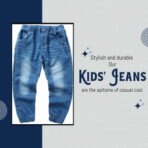 A pair of blue denim jogger jeans for kids displayed against a light grey grid background with marketing text.