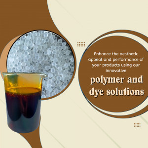 A beaker of dark amber liquid next to a pile of white plastic pellets, promoting industrial polymer and dye solutions.