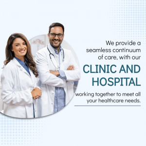 A male and female doctor standing together in professional medical attire representing integrated clinic and hospital services.