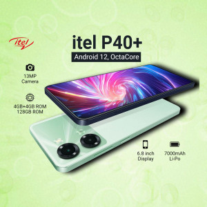 Itel P40+ smartphone with pale green casing and vibrant display screen showing camera and battery specs