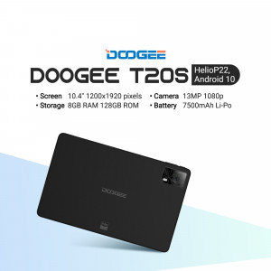 Doogee T20S tablet display with technical specifications including 10.4-inch screen and 8GB RAM
