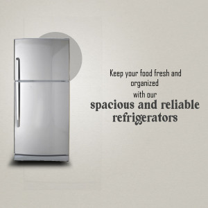 A sleek stainless steel refrigerator with advertisement text about freshness and organization.