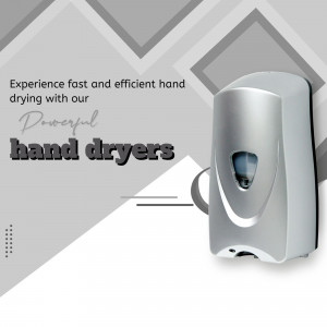 A silver-colored wall-mounted commercial hand dryer against a gray and white geometric background with marketing text