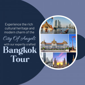 A promotional graphic for a Bangkok tour featuring various famous landmarks of Thailand