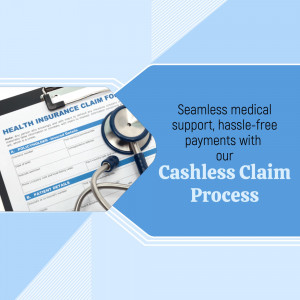 A stethoscope over a health insurance claim form with a blue overlay highlighting cashless claim services