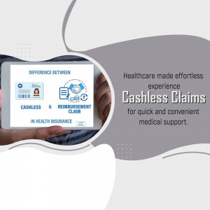 A person holding a digital tablet displaying an infographic about the difference between cashless and reimbursement claims in health insurance.